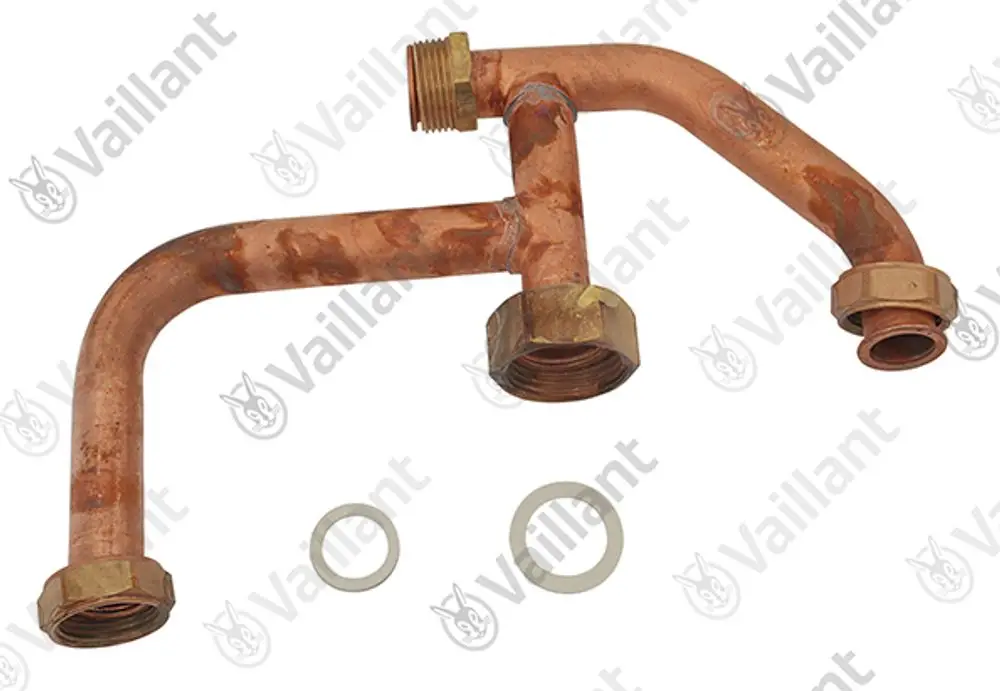 Kupferrohr von Vaillant mit zwei Anschlüssen und einer Biegung, einer Dichtung sowie einer Unterlegscheibe für hydraulische Anwendungen.